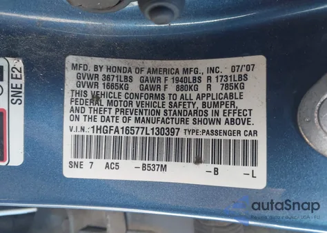 2007 Honda Civic Lx z USA, uszkodzony, nr VIN 1HGFA16577L130397